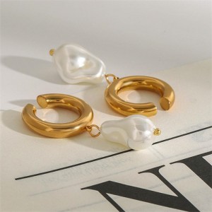 Open-end Circle with Irregular Pearl Pendant Fashion Stainless Steel Wholesale Earrings