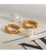 Open-end Circle with Irregular Pearl Pendant Fashion Stainless Steel Wholesale Earrings