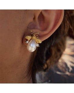 Water Drop Pearl Bee Design Ear Studs Fashion Stainless Steel Wholesale Earrings