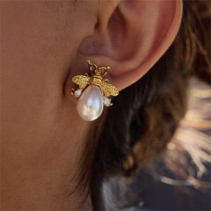 Water Drop Pearl Bee Design Ear Studs Fashion Stainless Steel Wholesale Earrings