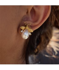 Water Drop Pearl Bee Design Ear Studs Fashion Stainless Steel Wholesale Earrings
