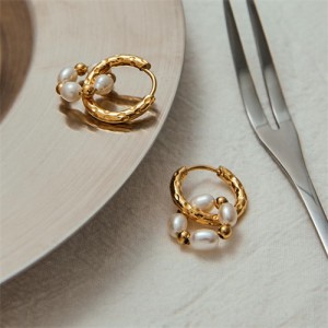 Pearl and Bead Circle Design Women Fashion Stainless Steel Wholesale Earrings