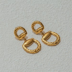 Twisted D Shape Dangle Design Women Fashion Stainless Steel Wholesale Earrings - Golden