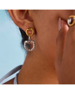 Twisted D Shape Dangle Design Women Fashion Stainless Steel Wholesale Earrings - Two-tone
