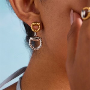 Twisted D Shape Dangle Design Women Fashion Stainless Steel Wholesale Earrings - Two-tone