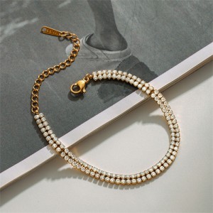 Double Rows Rhinestone Design Women Fashion Stainless Steel Wholesale Bracelet