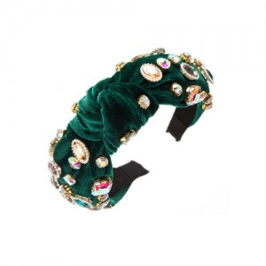 Assorted Glass Gems Embellished Knitting Flannel Women Headband - Green