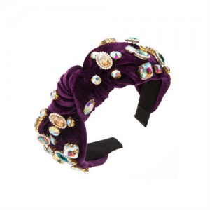 Assorted Glass Gems Embellished Knitting Flannel Women Headband - Purple