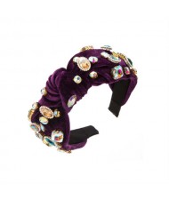 Assorted Glass Gems Embellished Knitting Flannel Women Headband - Purple