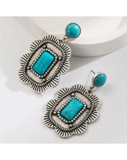Retro Turquoise Square Flower Design Fashion Wholesale Women Earrings