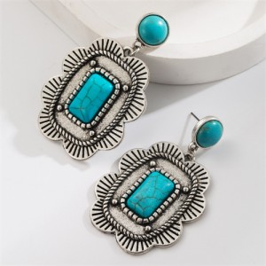 Retro Turquoise Square Flower Design Fashion Wholesale Women Earrings