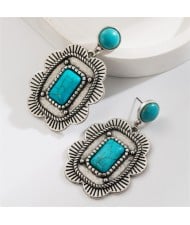 Retro Turquoise Square Flower Design Fashion Wholesale Women Earrings