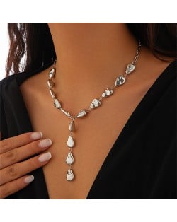 Baroque Style Irregular Drop Y Shape Design Fashion Women Necklace - Silver