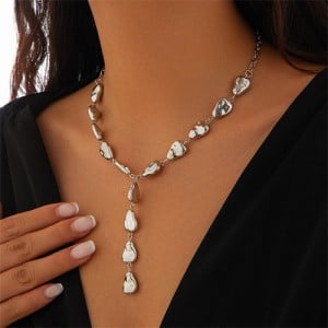 Baroque Style Irregular Drop Y Shape Design Fashion Women Necklace - Silver