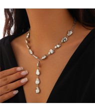 Baroque Style Irregular Drop Y Shape Design Fashion Women Necklace - Silver