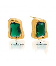 Irregular Rectangle Cubic Zirconia Women Fashion Stainless Steel Wholesale Stud Earrings - Green