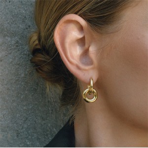 Double Ring Design Women Fashion Stainless Steel Wholesale Earrings - Golden