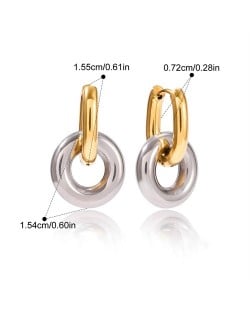 Double Ring Design Women Fashion Stainless Steel Wholesale Earrings -Golden with Silver