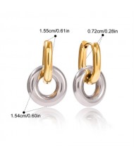 Double Ring Design Women Fashion Stainless Steel Wholesale Earrings -Golden with Silver
