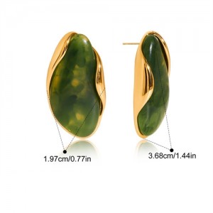 Bean Shape Design Maillard Resin Women Fashion Stainless Steel Wholesale Earrings - Green