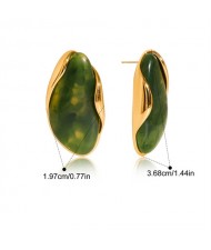 Bean Shape Design Maillard Resin Women Fashion Stainless Steel Wholesale Earrings - Green