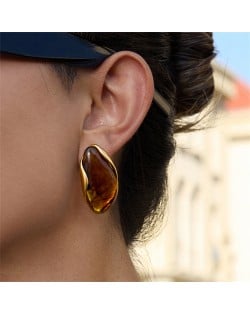 Bean Shape Design Maillard Resin Women Fashion Stainless Steel Wholesale Earrings - Brown
