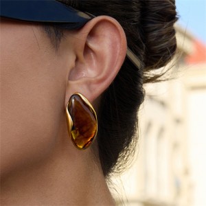 Bean Shape Design Maillard Resin Women Fashion Stainless Steel Wholesale Earrings - Brown