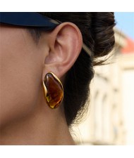 Bean Shape Design Maillard Resin Women Fashion Stainless Steel Wholesale Earrings - Brown