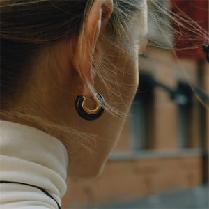 Thick C Shape Design Maillard Resin Women Fashion Stainless Steel Wholesale Earrings - Black