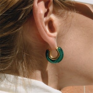 Thick C Shape Design Maillard Resin Women Fashion Stainless Steel Wholesale Earrings - Green