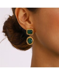 Retro Round Pendant Design Women Fashion Stainless Steel Wholesale Earrings - Green