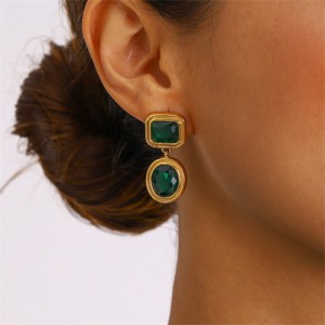 Retro Round Pendant Design Women Fashion Stainless Steel Wholesale Earrings - Green