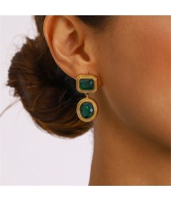 Retro Round Pendant Design Women Fashion Stainless Steel Wholesale Earrings - Green
