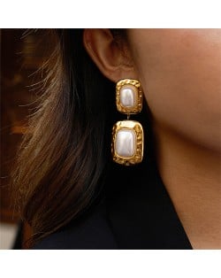 Rectangle Pearl Pendant Women Fashion Stainless Steel Wholesale Earrings
