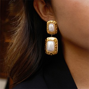 Rectangle Pearl Pendant Women Fashion Stainless Steel Wholesale Earrings