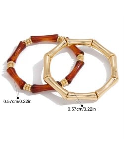2 Pieces Set Brown with Golden Bamboo Joint Design Fashion Stainless Steel Wholesale Bracelet