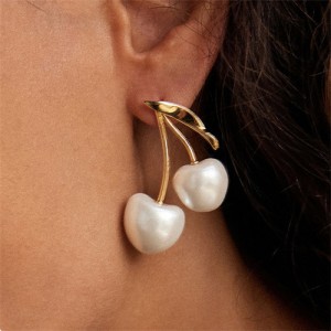 Elegant White Pearl Cherry Design Women Fashion Stainless Steel Wholesale Earrings