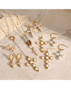 1 Piece Pearl Cross Design Women Fashion Stainless Steel Wholesale Earrings