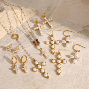 1 Pair Pearl Cross Design Women Fashion Stainless Steel Wholesale Earrings