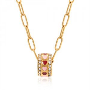 Pink Red Peach Heart Decor Circel Pendant Fashion Women Stainless Steel Wholesale Necklace