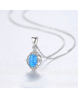 Graceful Opal Inlaid Traditional Floral Pendant 925 Sterling Silver Necklace - Silver