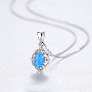 Graceful Opal Inlaid Traditional Floral Pendant 925 Sterling Silver Necklace - Silver