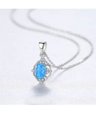 Graceful Opal Inlaid Traditional Floral Pendant 925 Sterling Silver Necklace - Silver
