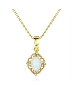 Graceful Opal Inlaid Traditional Floral Pendant 925 Sterling Silver Necklace - Golden