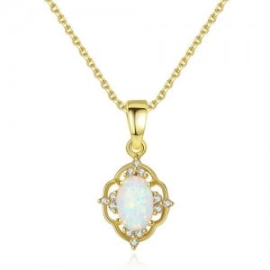 Graceful Opal Inlaid Traditional Floral Pendant 925 Sterling Silver Necklace - Golden