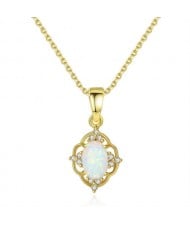 Graceful Opal Inlaid Traditional Floral Pendant 925 Sterling Silver Necklace - Golden