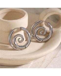 Elegant Spiral Stainless Steel European Trendsetter Design Hoop Earrings - Silver