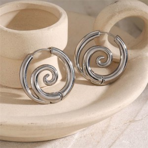Elegant Spiral Stainless Steel European Trendsetter Design Hoop Earrings - Silver