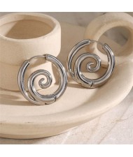 Elegant Spiral Stainless Steel European Trendsetter Design Hoop Earrings - Silver