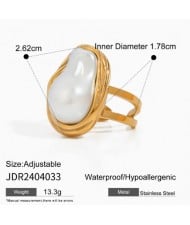 Irregular Pearl Inlaid Design Golden Fashion Costume Stainless Steel Ring